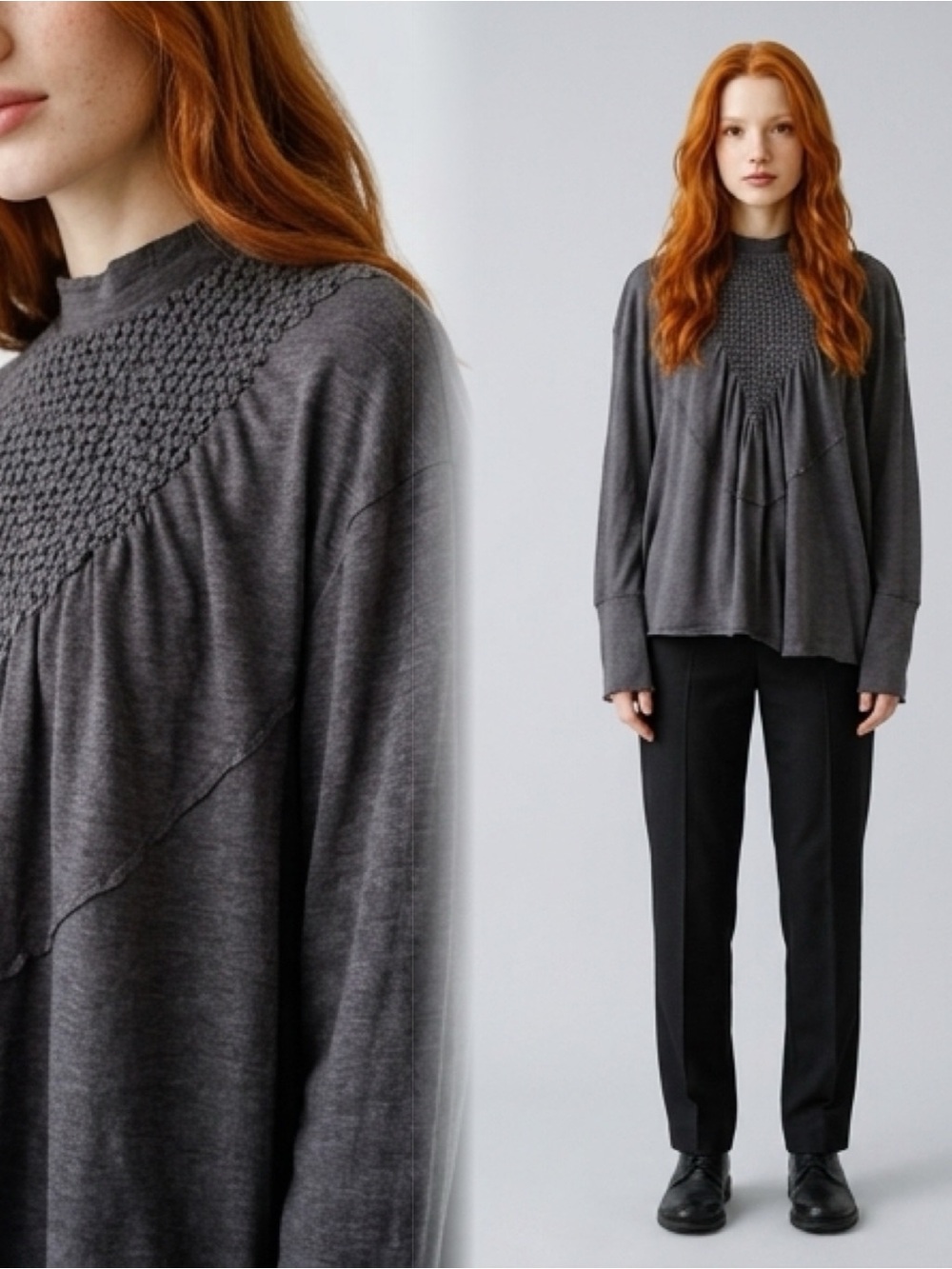 Smocked Yoke Long-Sleeve Pullover Sweatshirt Charcoal FREE PEOPLE NEW ROMANTICS - Picture 13 of 13